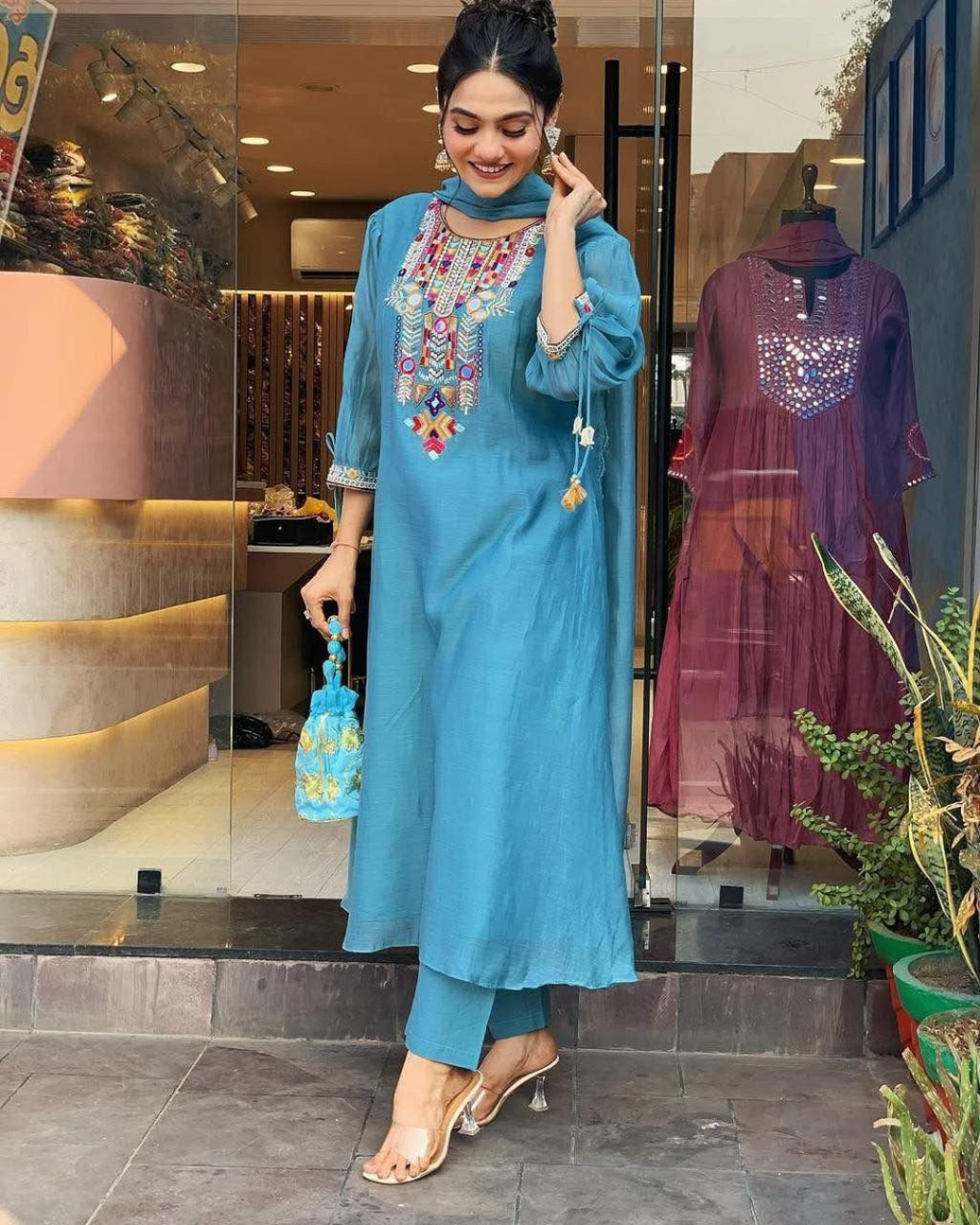 Elegant Chanderi Kurti Pant Dupatta Set