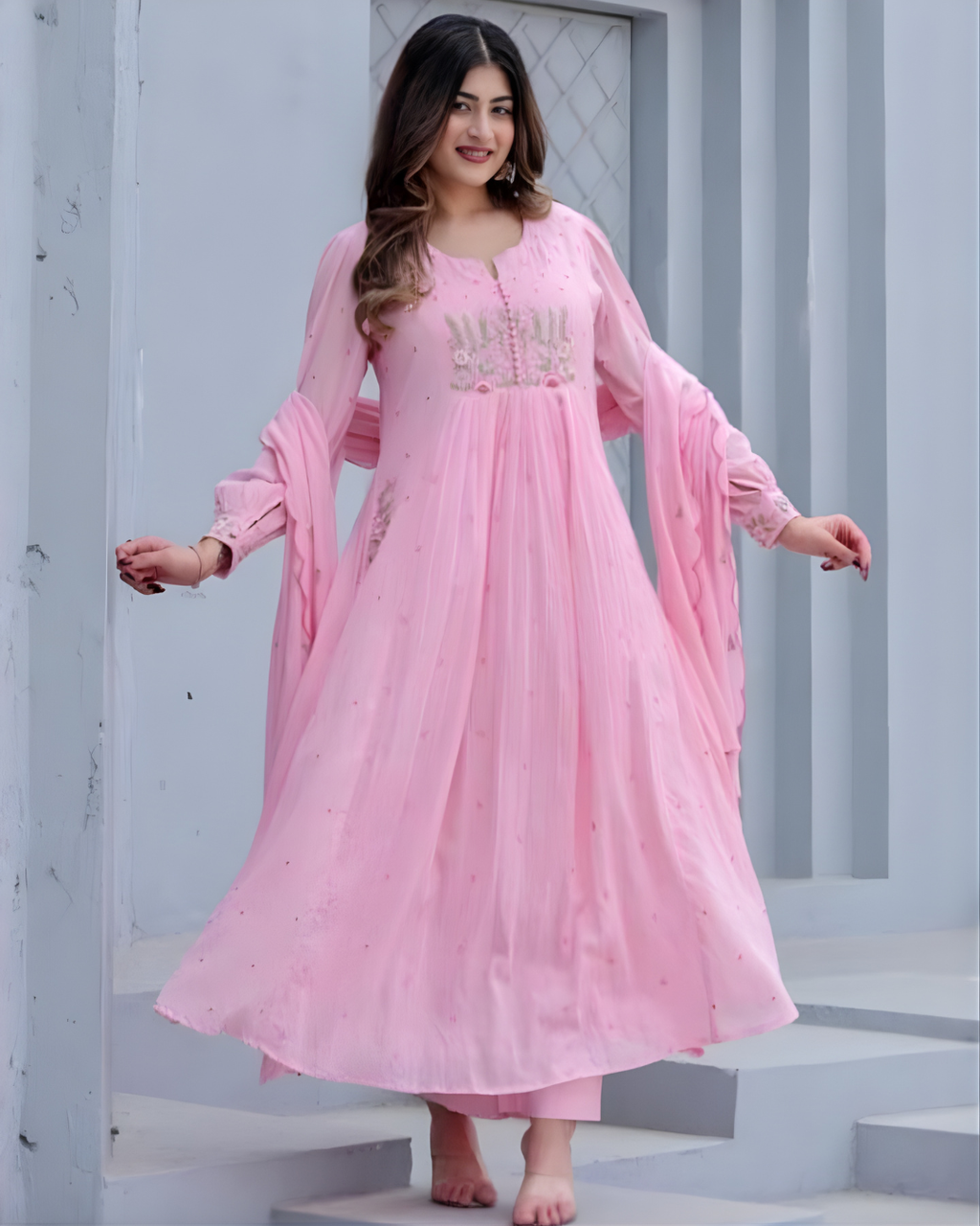 Pure Cotton Flowy Frock-Style Kurti Set