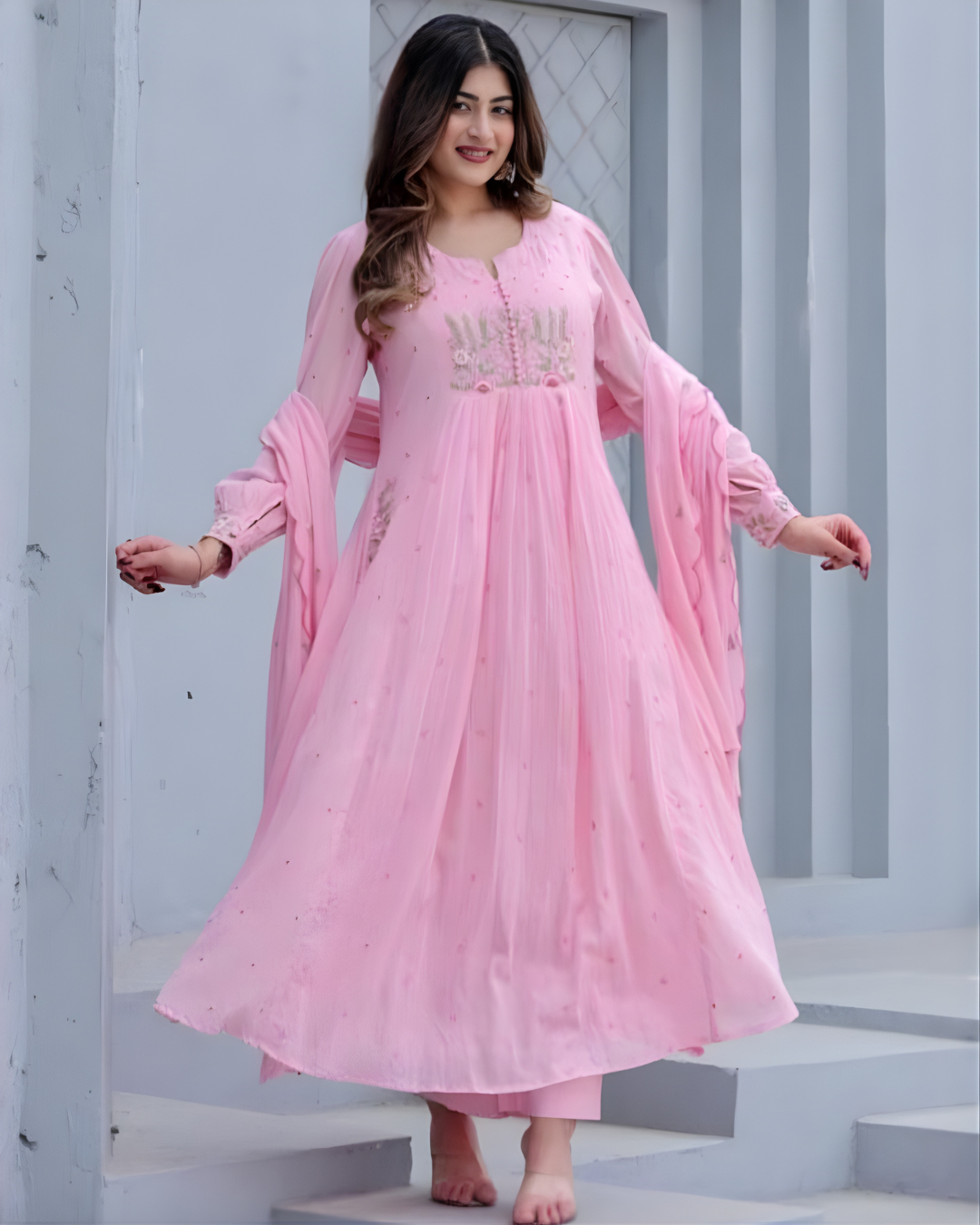 Pure Cotton Flowy Frock-Style Kurti Set