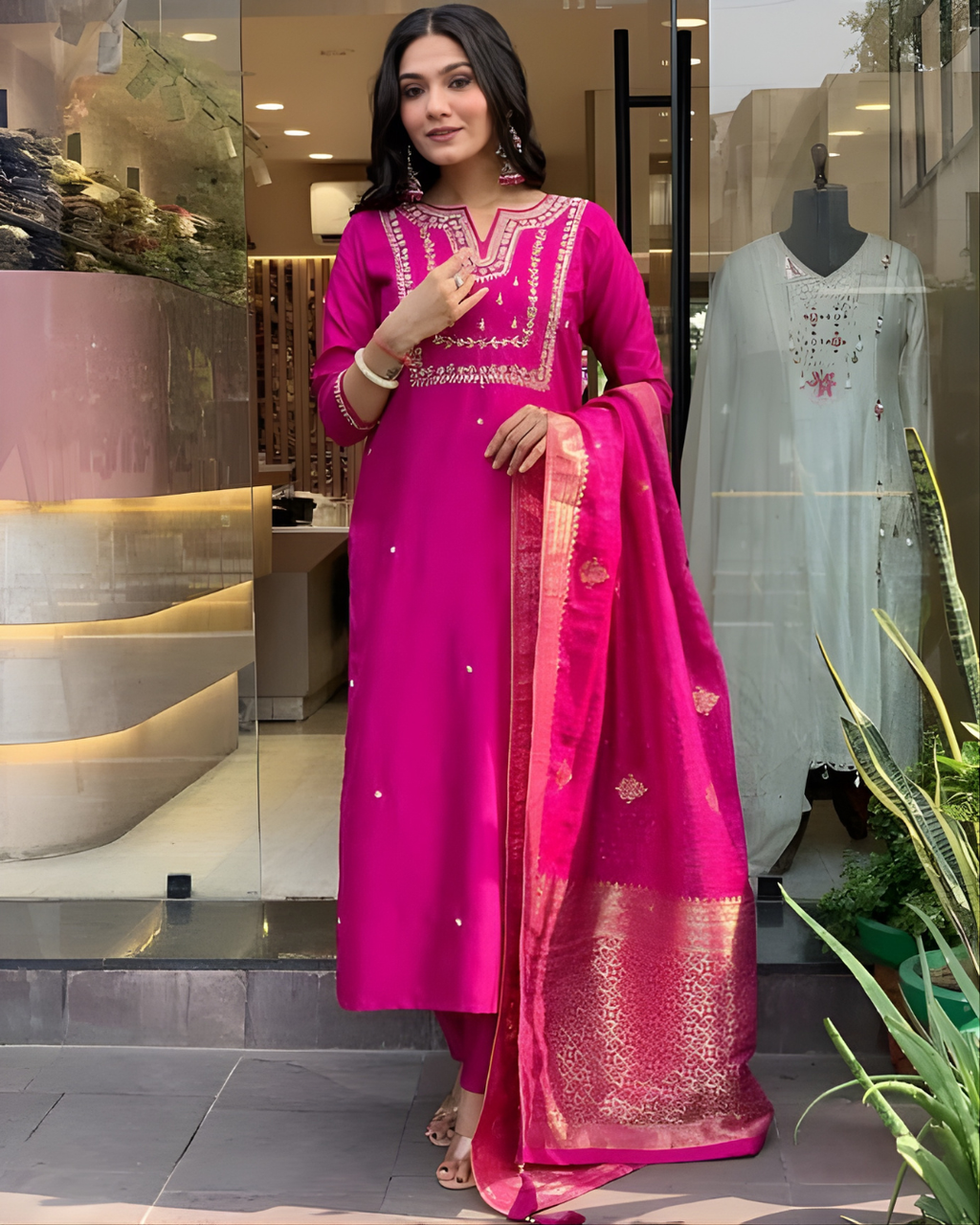 Muslin Silk Kurti Set with Banarasi Dupatta