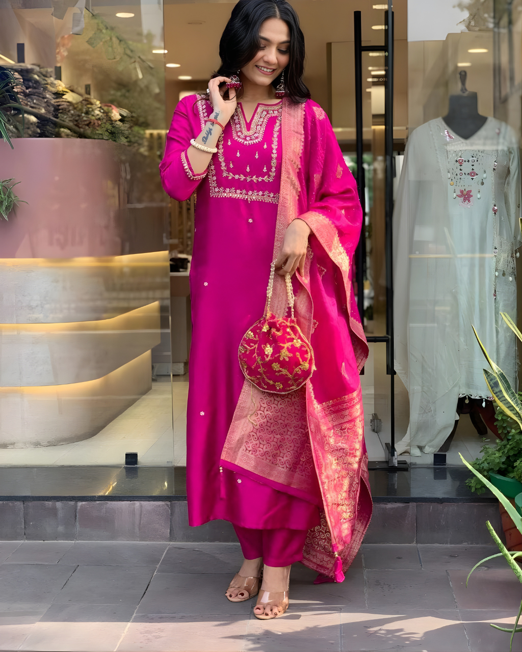 Muslin Silk Kurti Set with Banarasi Dupatta