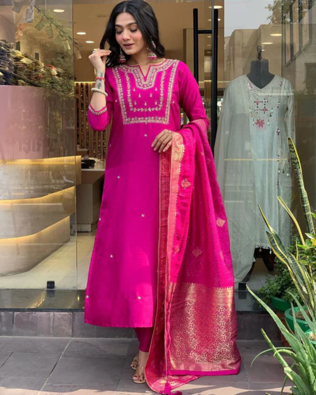 Muslin Silk Kurti Set with Banarasi Dupatta