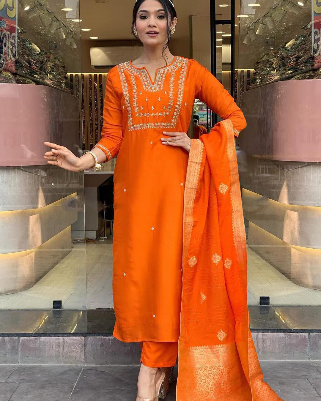 Muslin Silk Kurti Set with Banarasi Dupatta