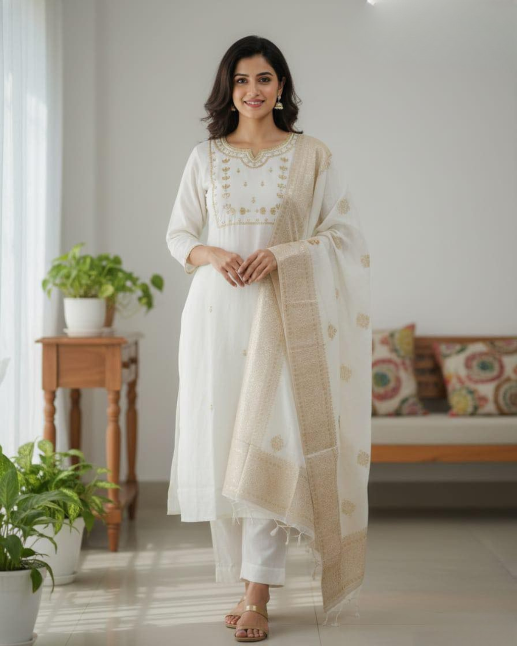 Muslin Silk Kurti Set with Banarasi Dupatta