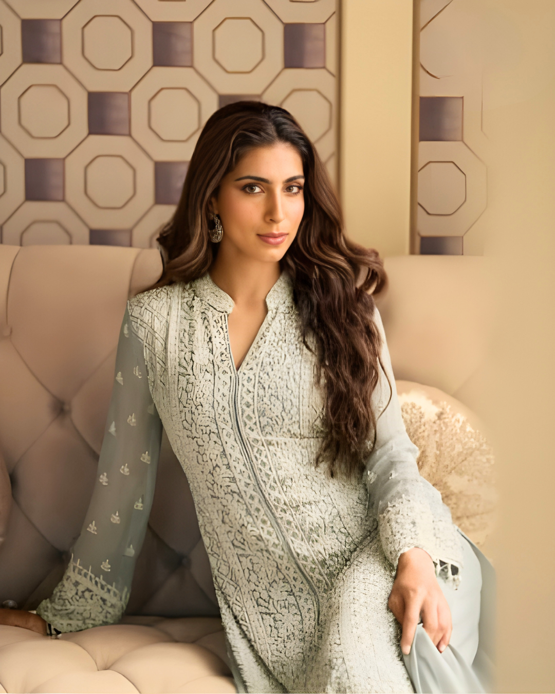 Sage Ethereal Hand-Embroidered Real Georgette Palazzo Suite