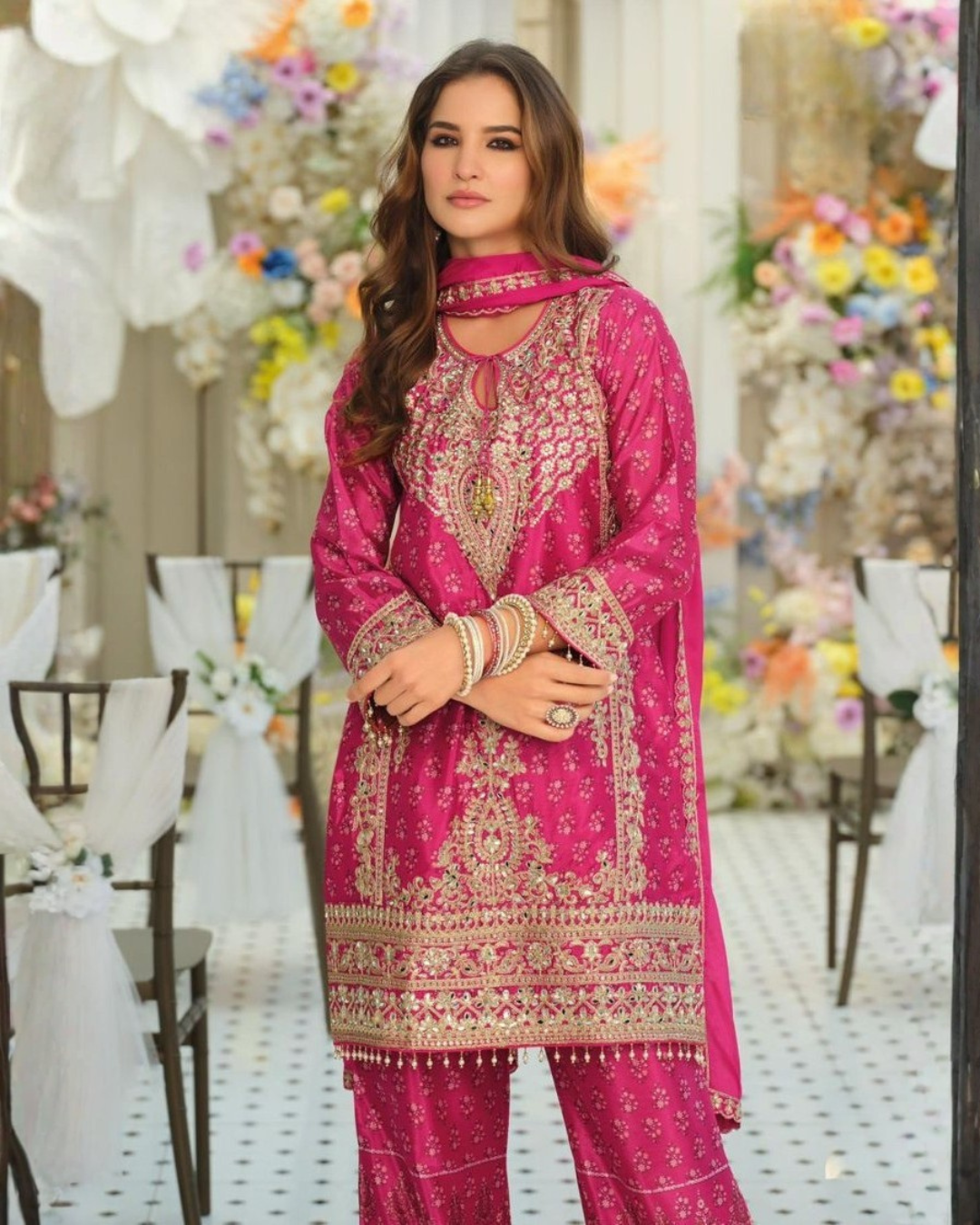 Shimmer Silk Embroidered Palazo Suit