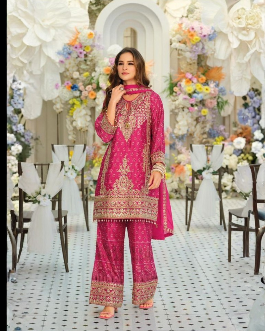 Shimmer Silk Embroidered Palazo Suit