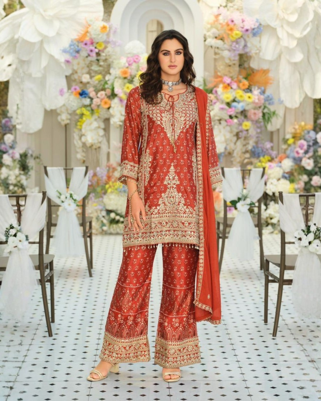 Shimmer Silk Embroidered Palazo Suit