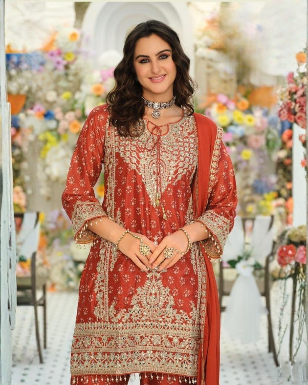 Shimmer Silk Embroidered Palazo Suit