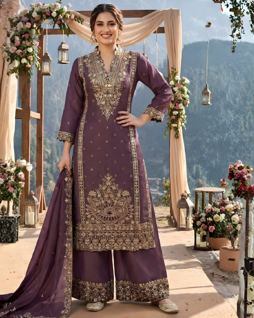 Chinon Silk Embroidered Palazzo Suit Set