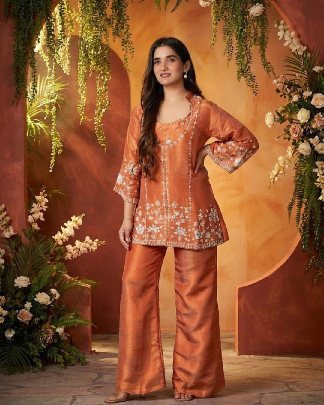 Embroidered Chinon Silk Indo-Western Fusion Set