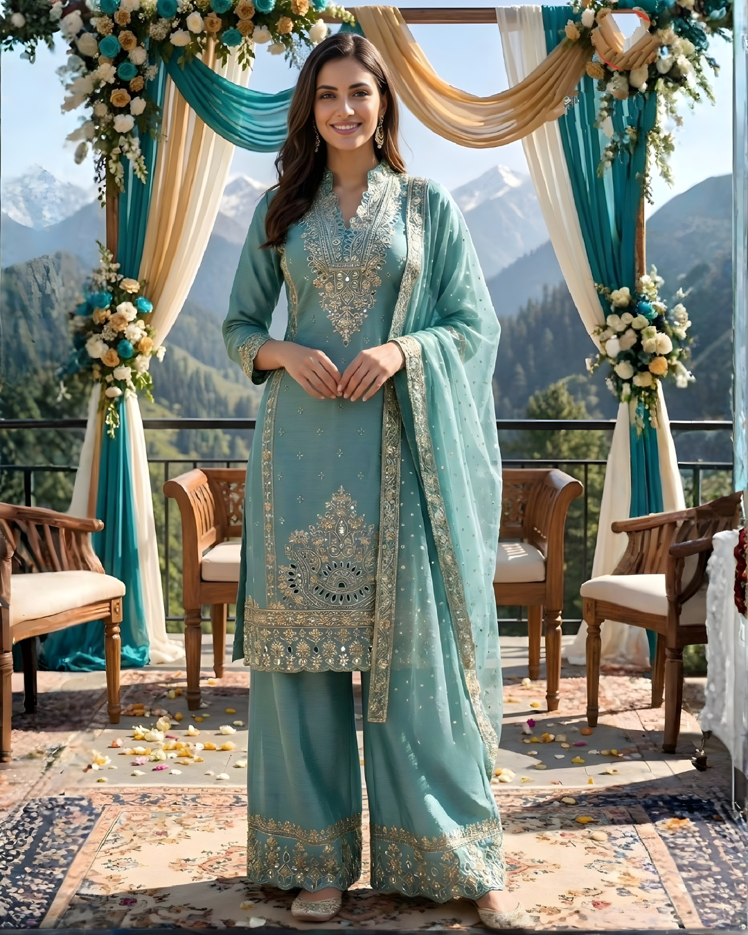 Chinon Silk Embroidered Palazzo Suit Set