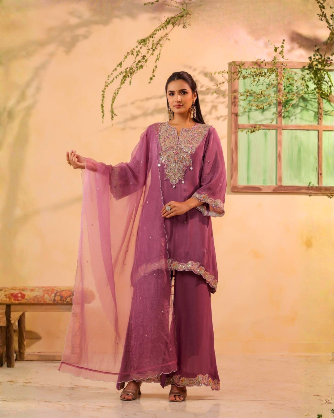 Divine Chinnon Embroidered Palazzo Set