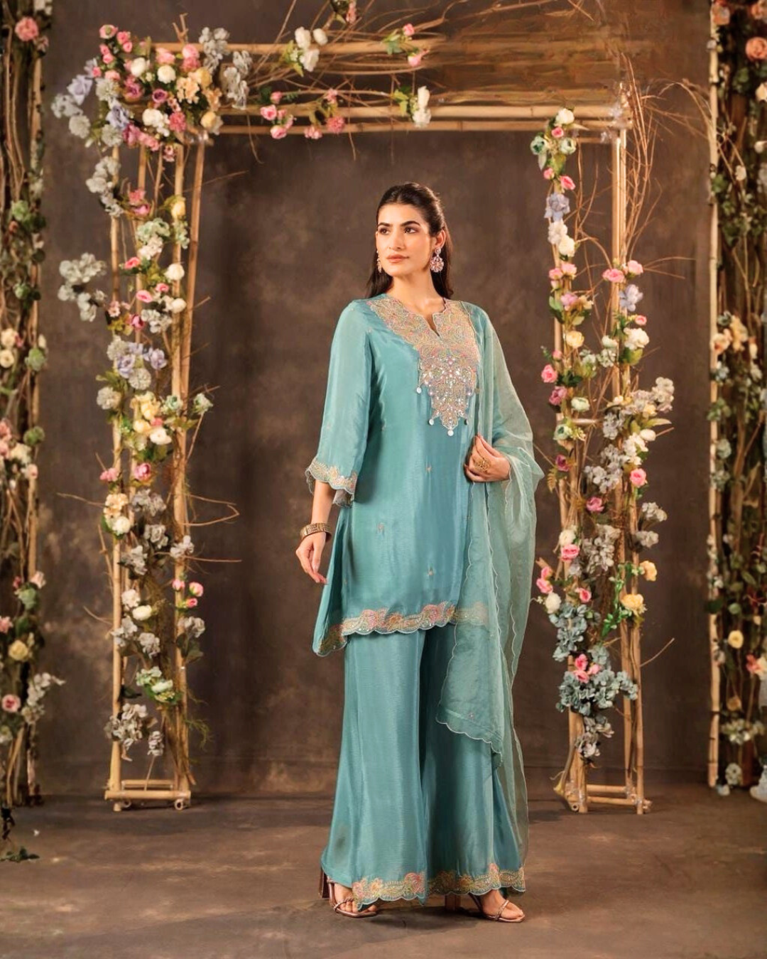 Divine Chinnon Embroidered Palazzo Set