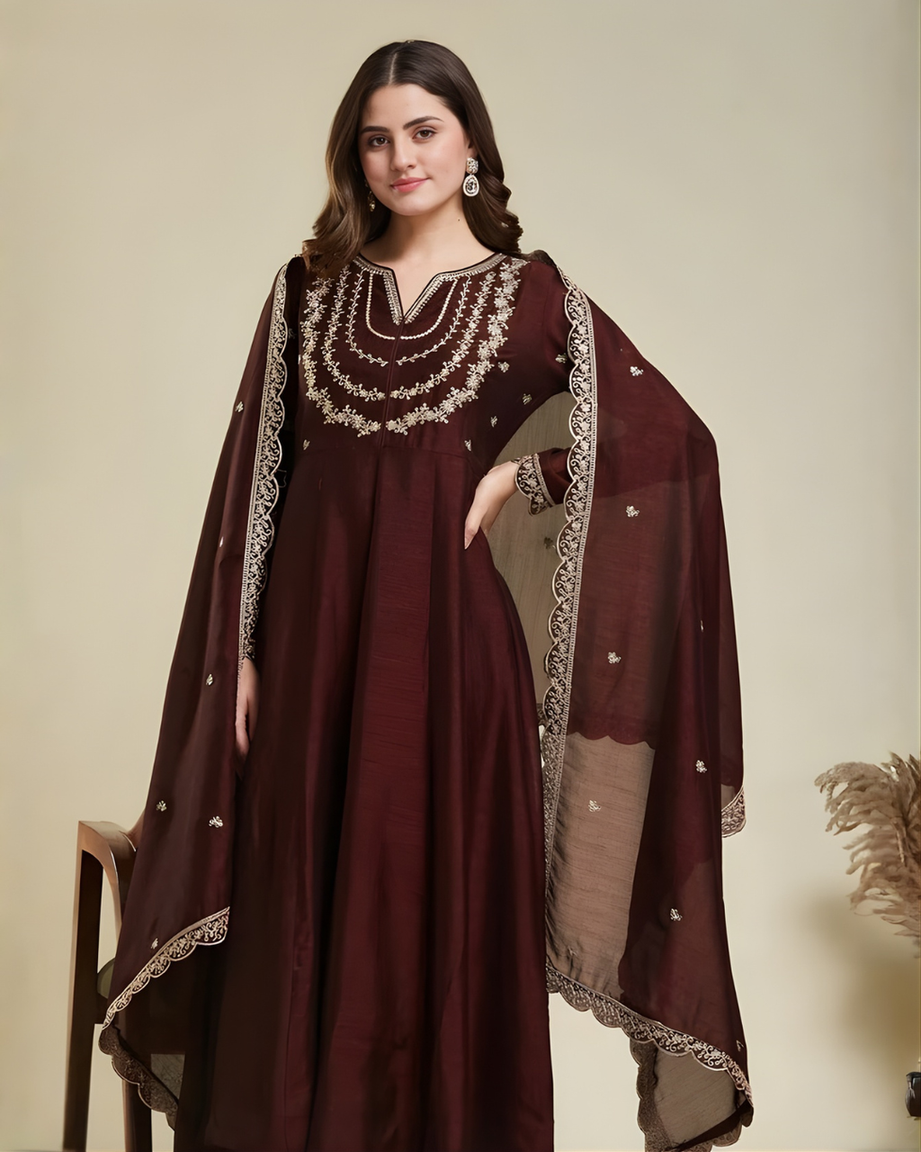 Silk Blend Embroidered Anarkali Set with Dupatta