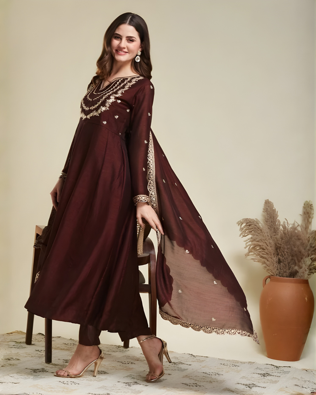 Silk Blend Embroidered Anarkali Set with Dupatta