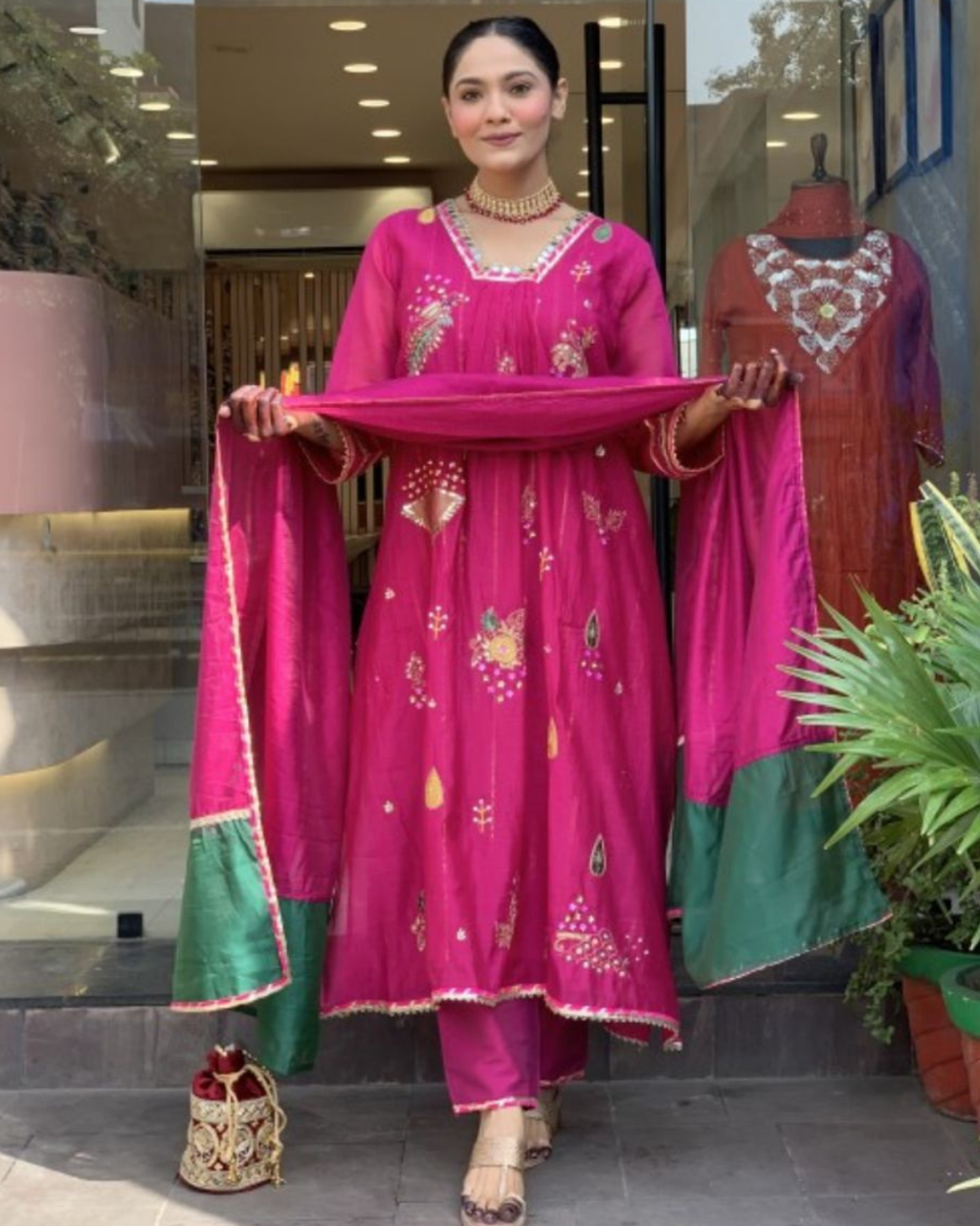 Mul Chanderi A-Line Suit Set with Dupatta