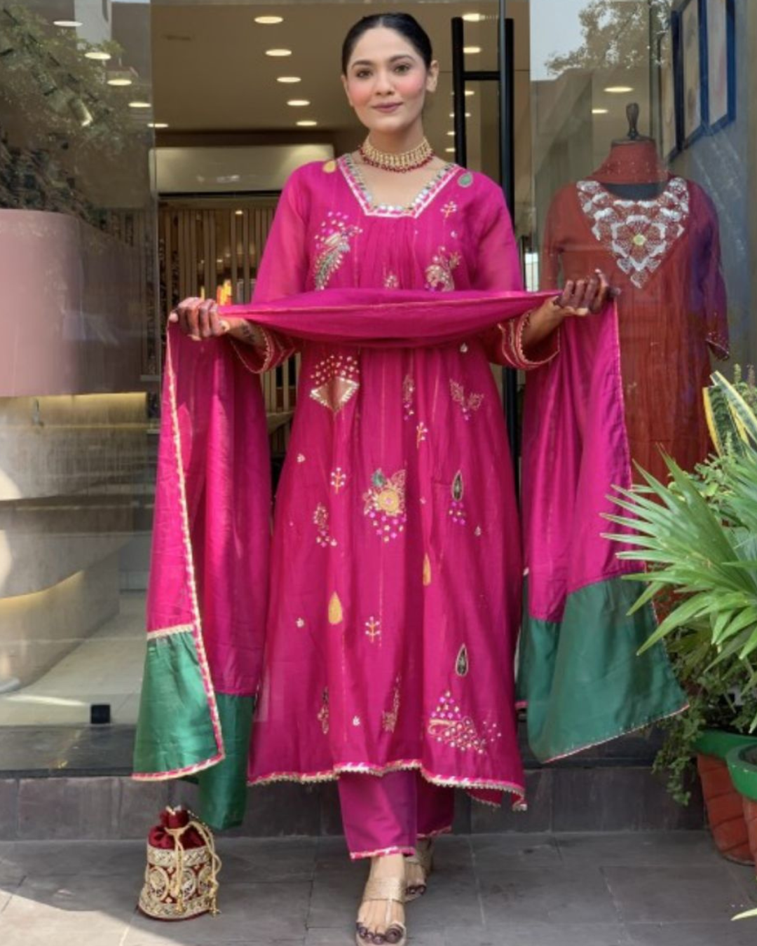 Mul Chanderi A-Line Suit Set with Dupatta