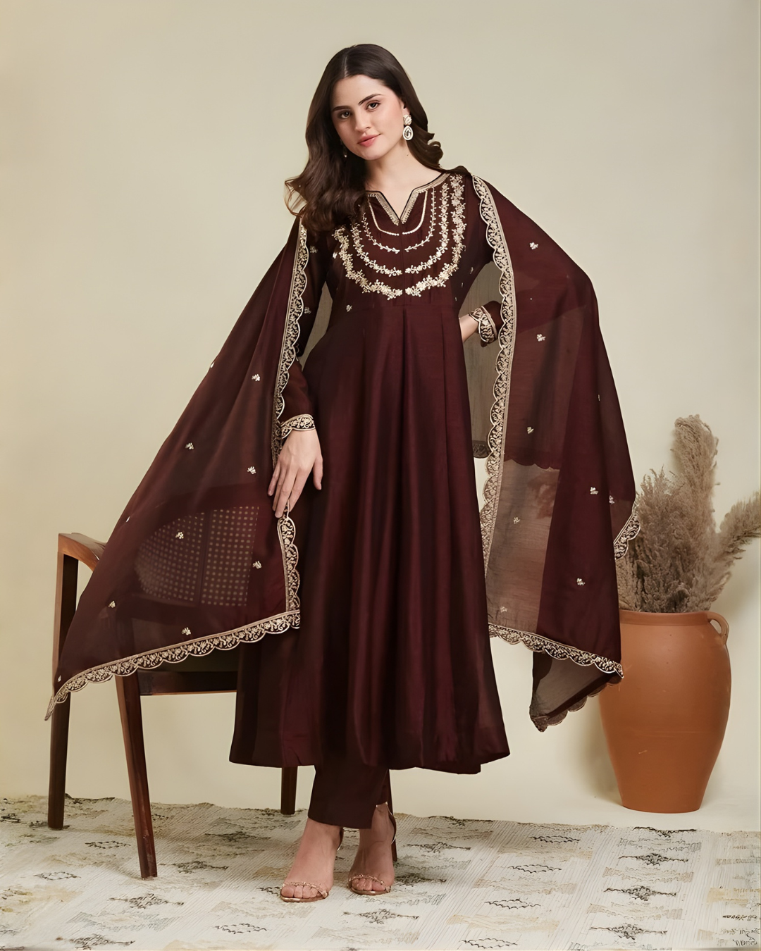 Silk Blend Embroidered Anarkali Set with Dupatta