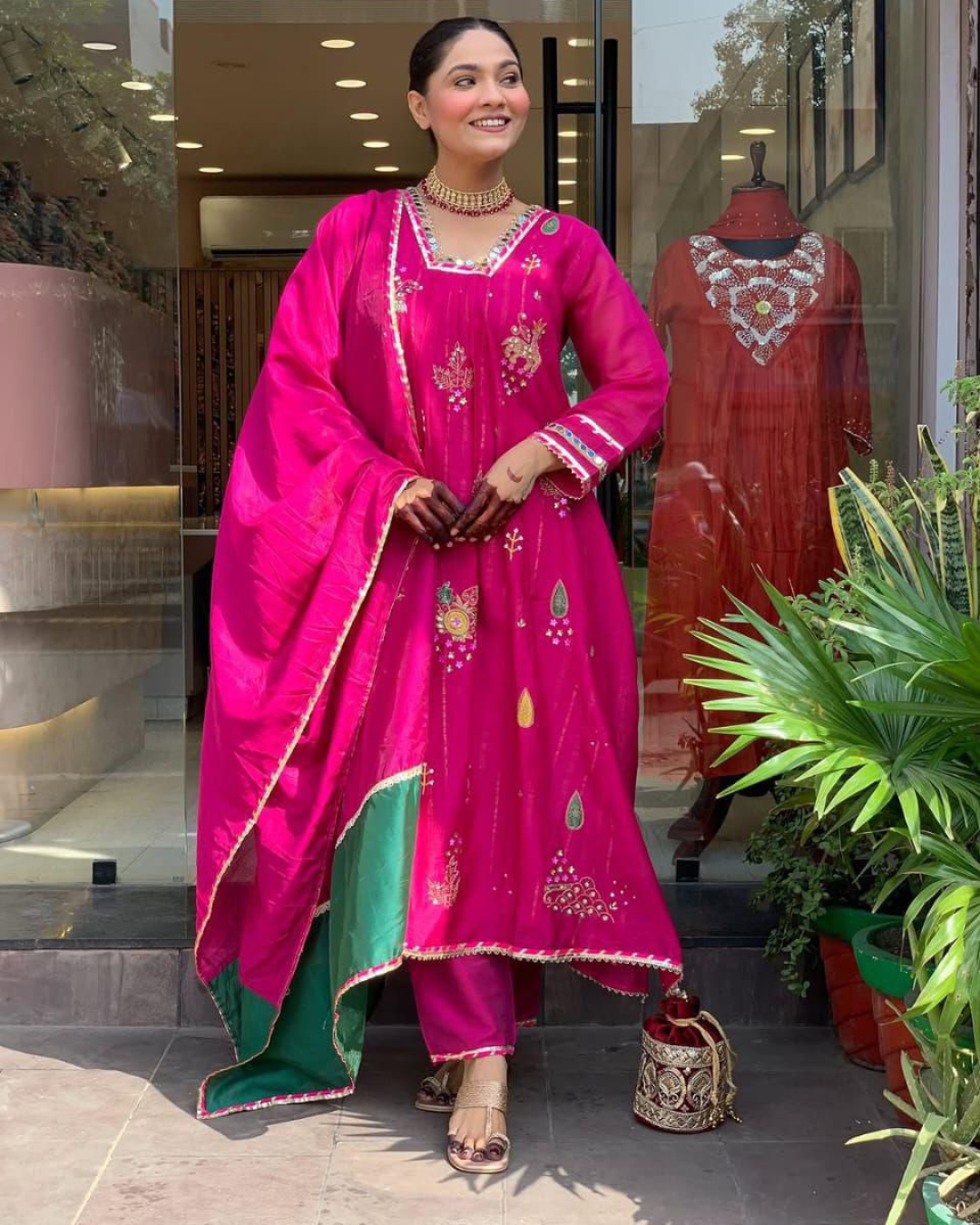 Mul Chanderi A-Line Suit Set with Dupatta