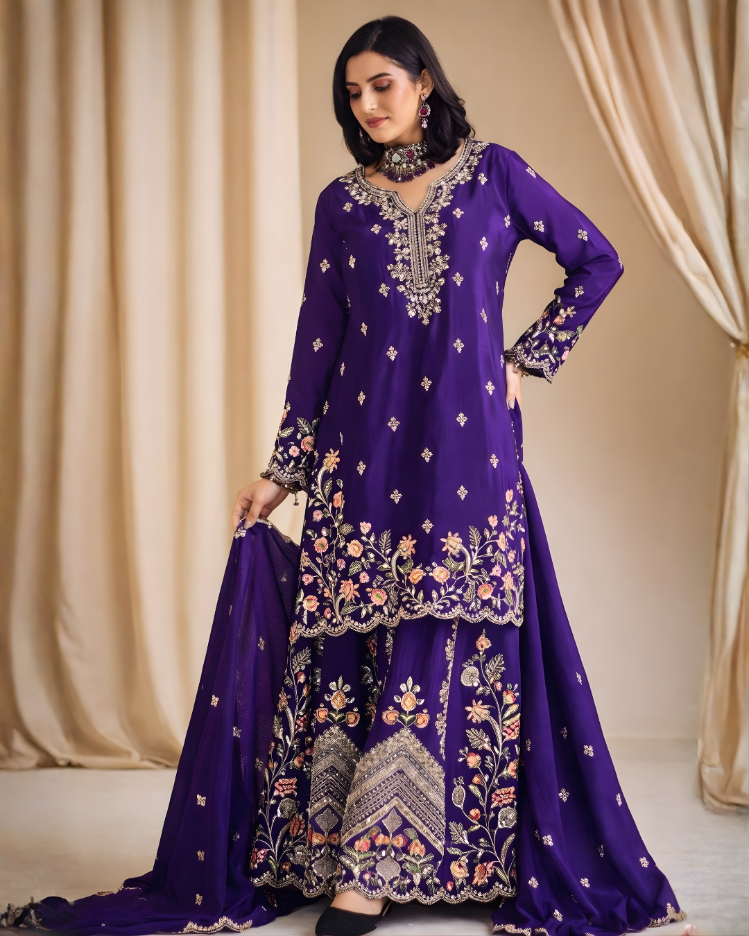 Heavy Chinon Diamond Embroiderd  Suit Set