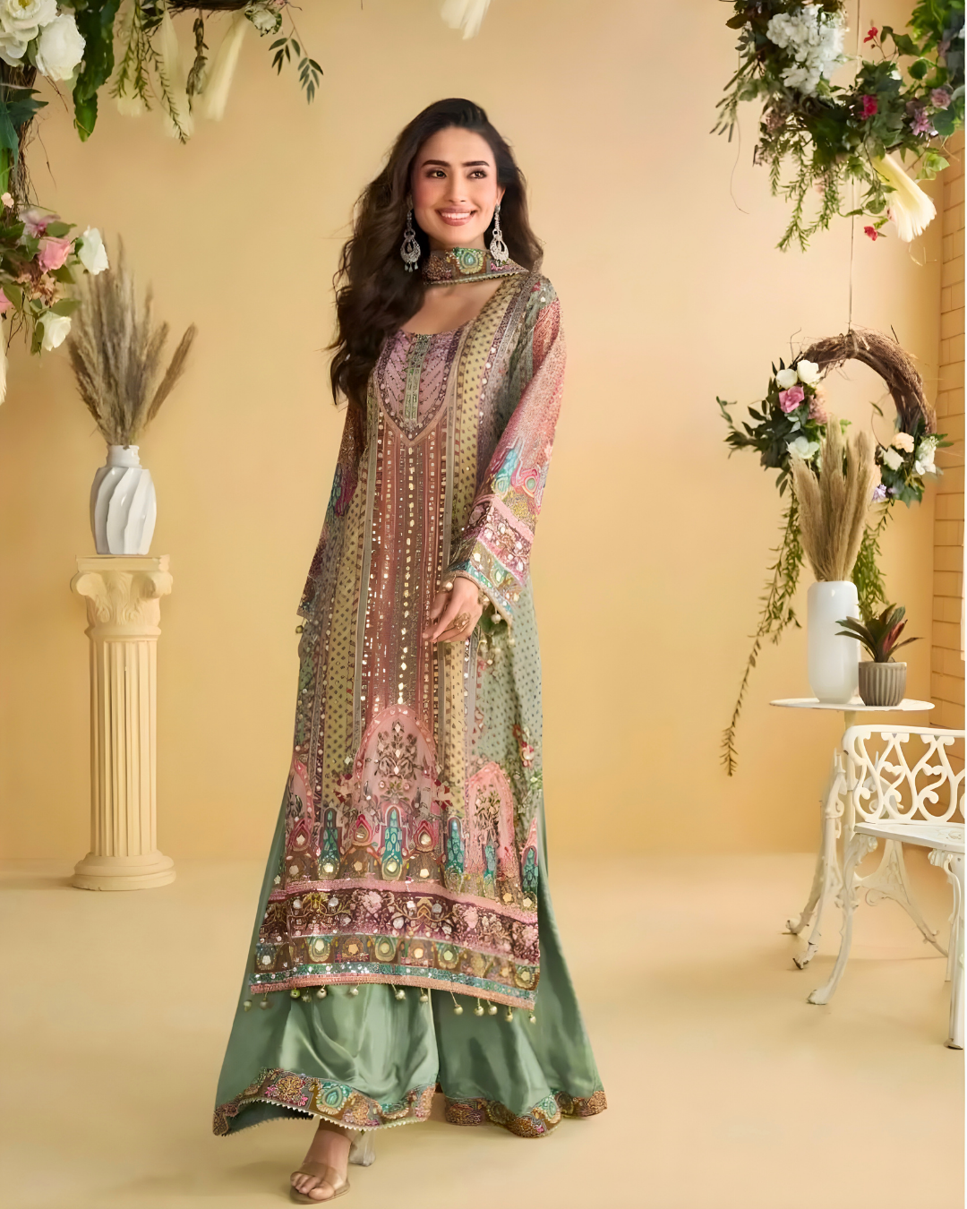 Sia Natural Crepe Silk Hand-Embellished Palazzo Suit