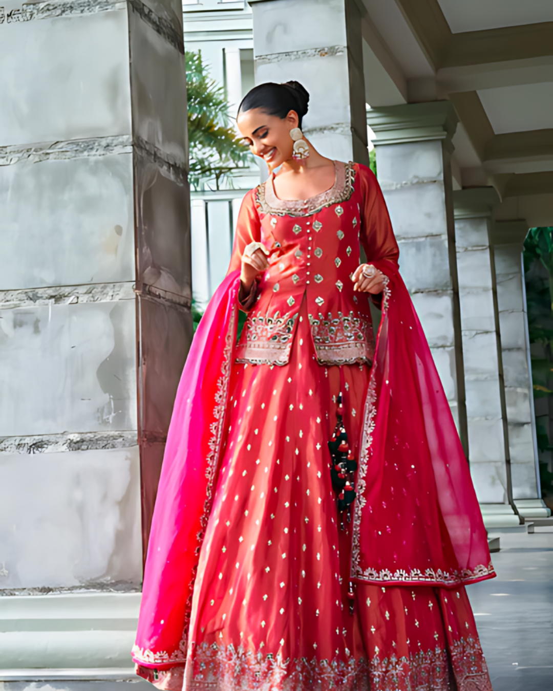 Burgundy Shimmer Peplum Skirt Set with Moti & Stone Work