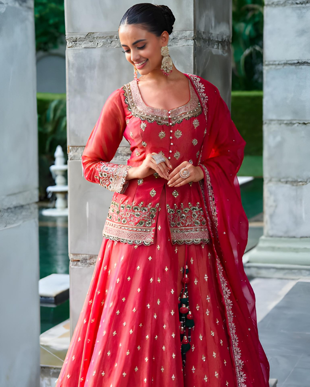 Burgundy Shimmer Peplum Skirt Set with Moti & Stone Work