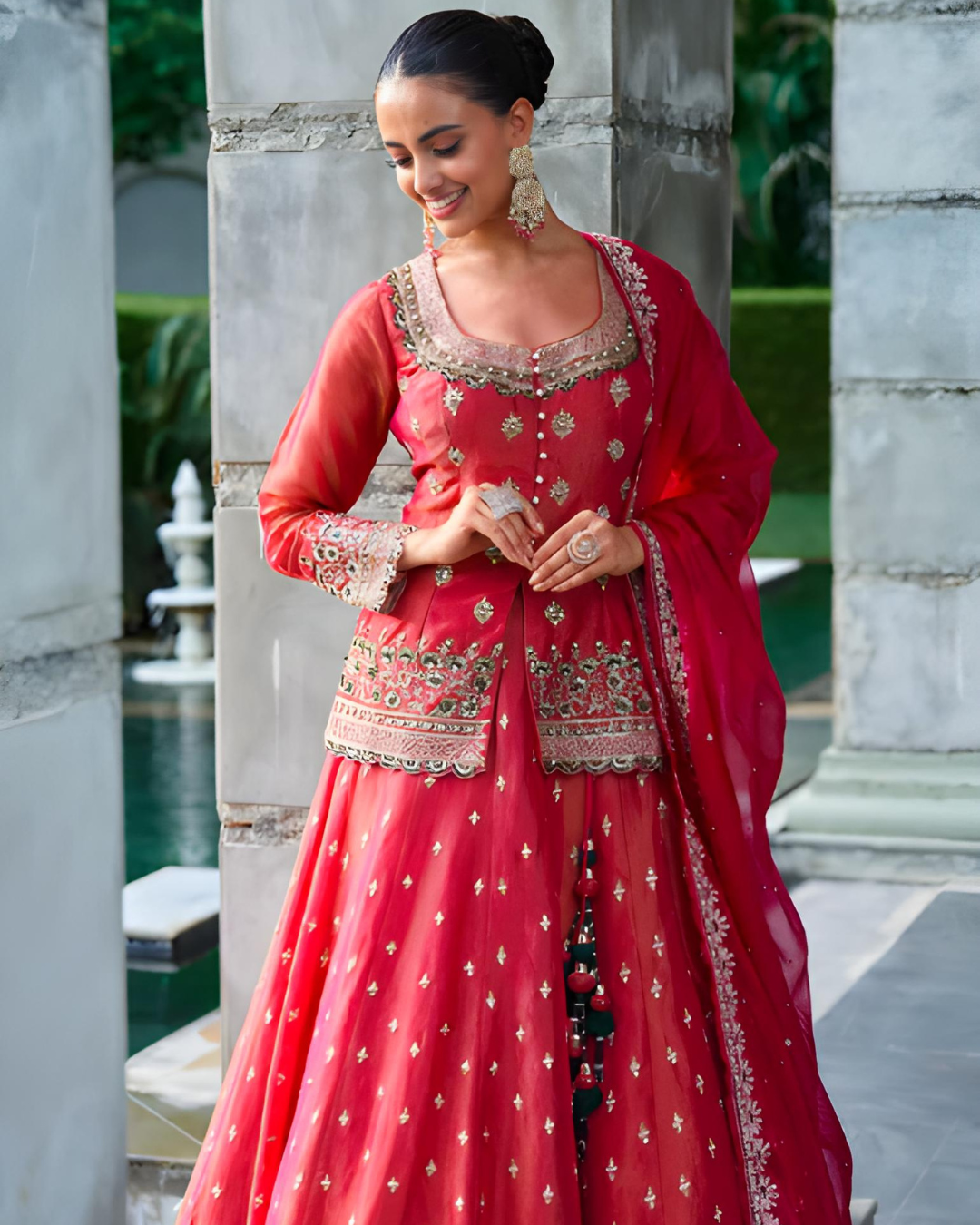 Burgundy Shimmer Peplum Skirt Set with Moti & Stone Work