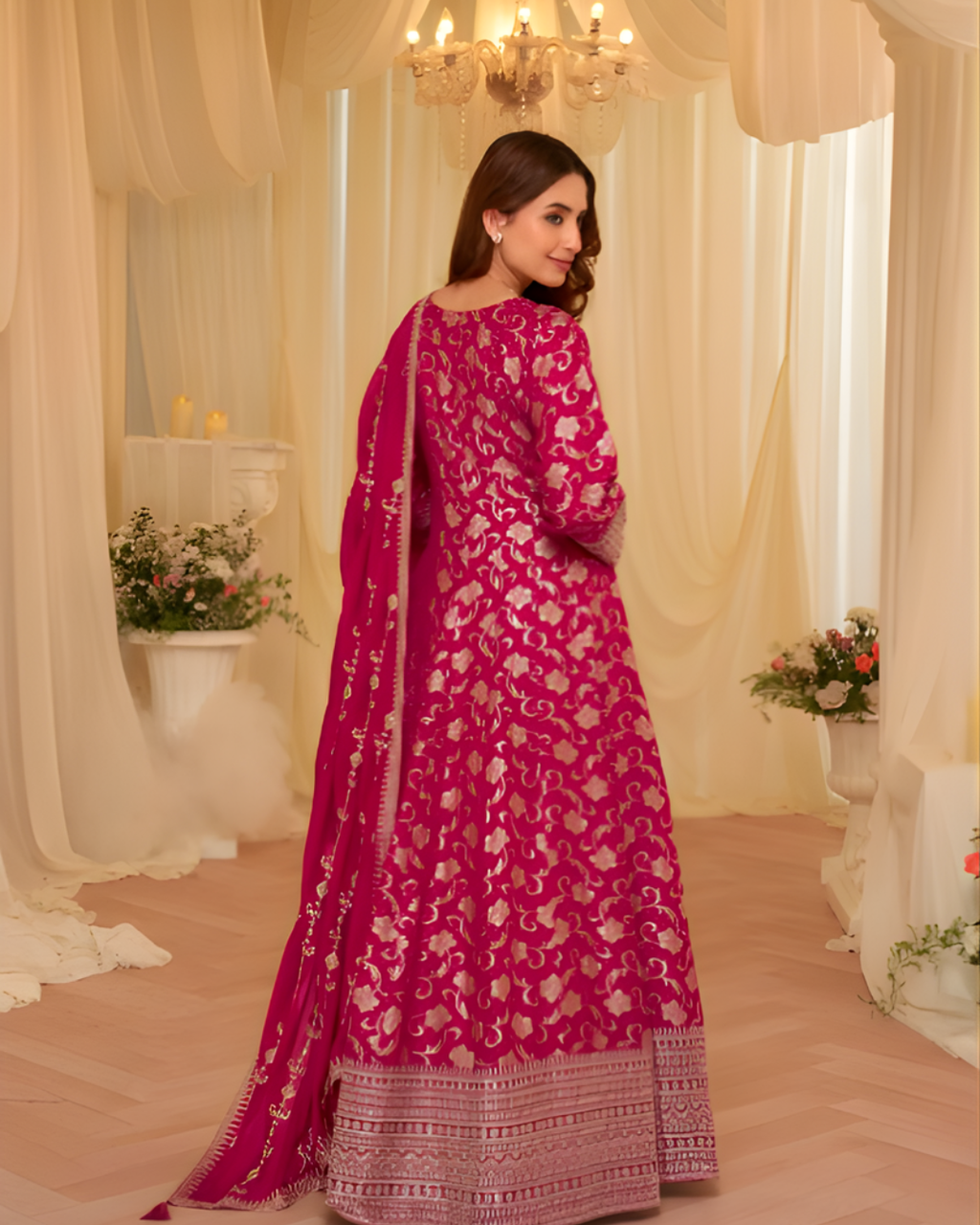 Viscose Jacquard Silk Embroidered Gown Set