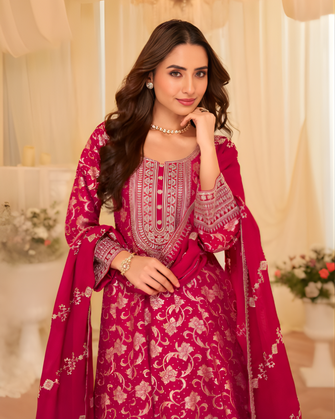 Viscose Jacquard Silk Embroidered Gown Set