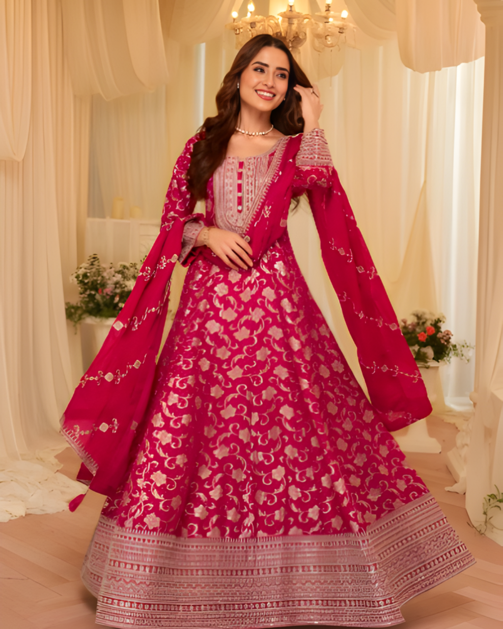 Viscose Jacquard Silk Embroidered Gown Set