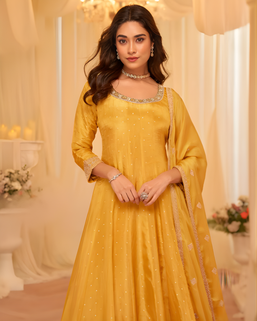 Royal Yellow Jacquard Silk Embroidered Gown