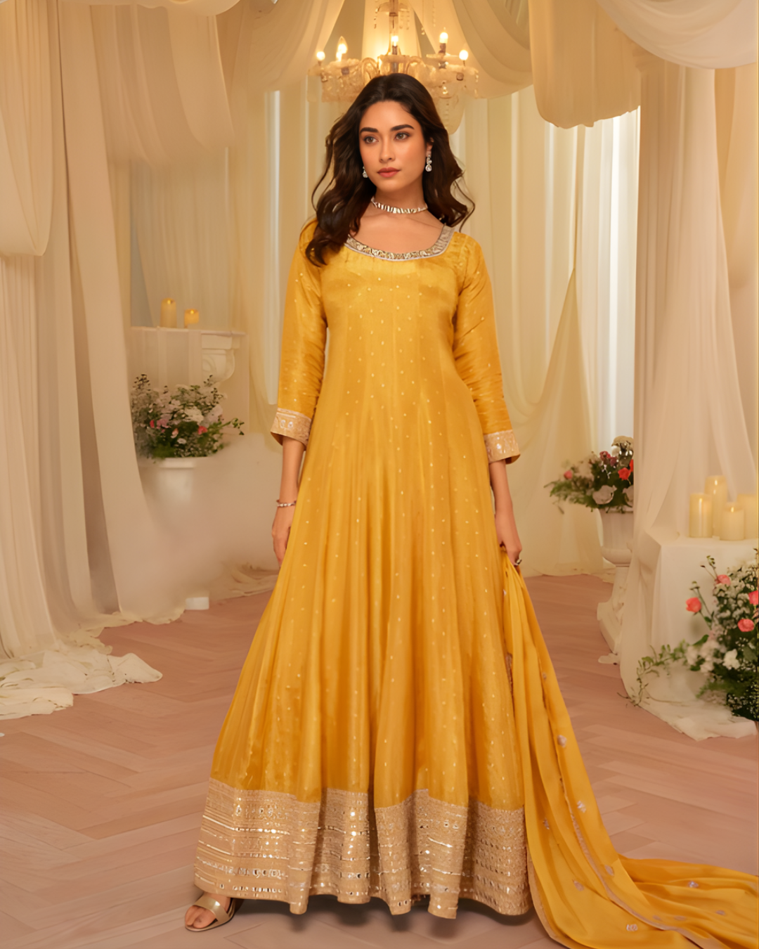 Royal Yellow Jacquard Silk Embroidered Gown