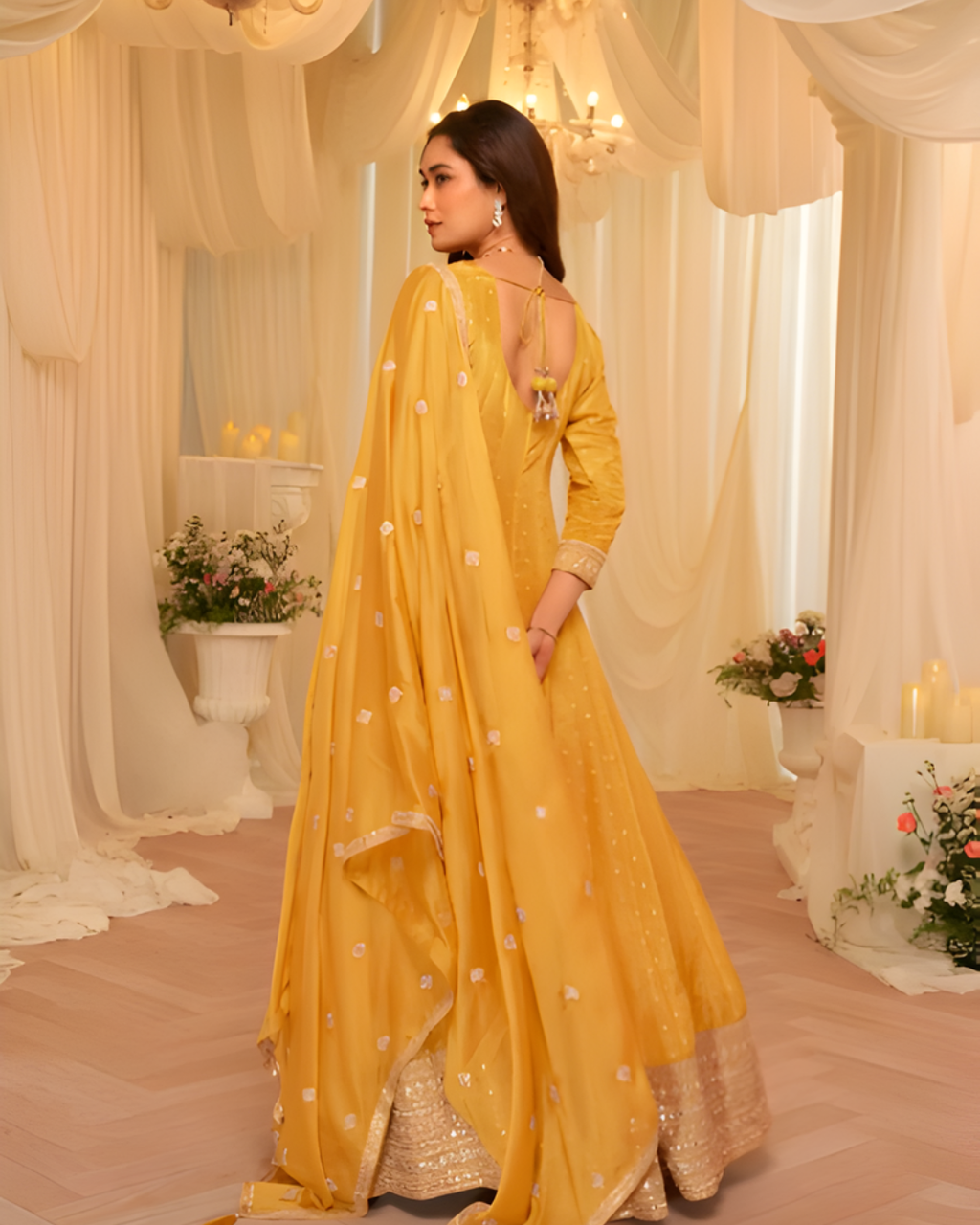 Royal Yellow Jacquard Silk Embroidered Gown