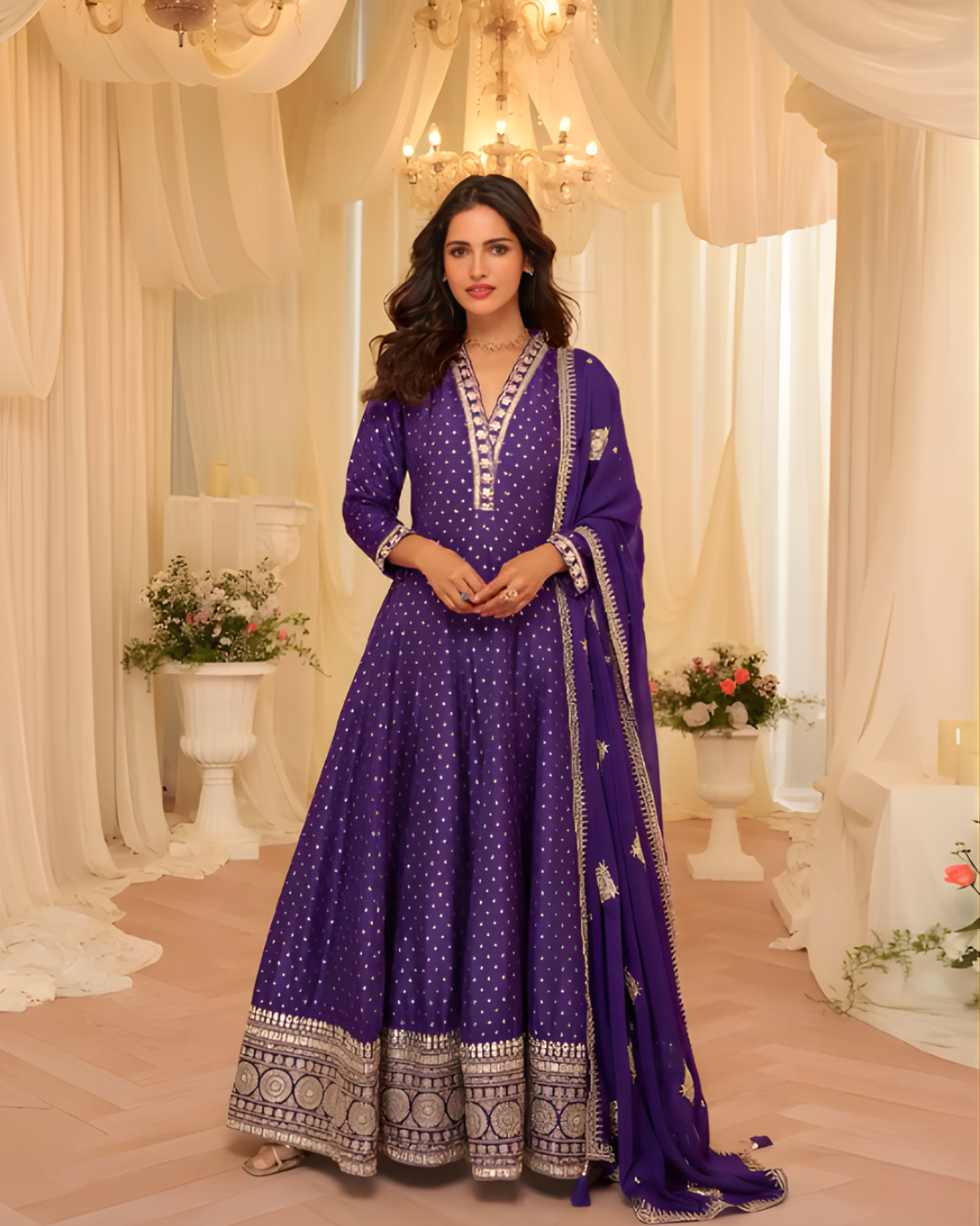 Royal Amethyst Embroidered Jacquard Silk Gown