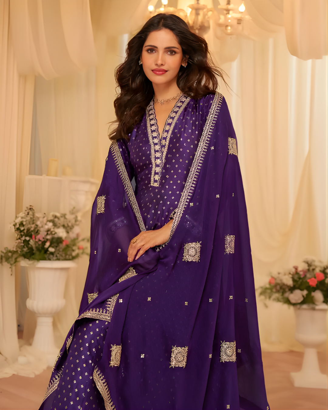 Royal Amethyst Embroidered Jacquard Silk Gown
