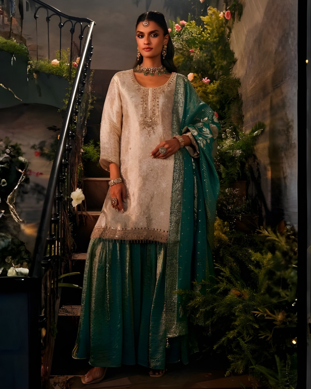 Ivory Tissue Kurta Sharara Set with Banarasi Dupatta