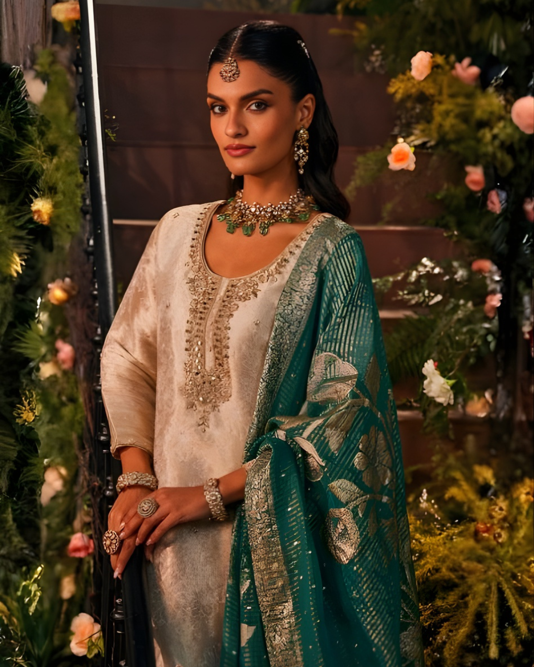 Ivory Tissue Kurta Sharara Set with Banarasi Dupatta