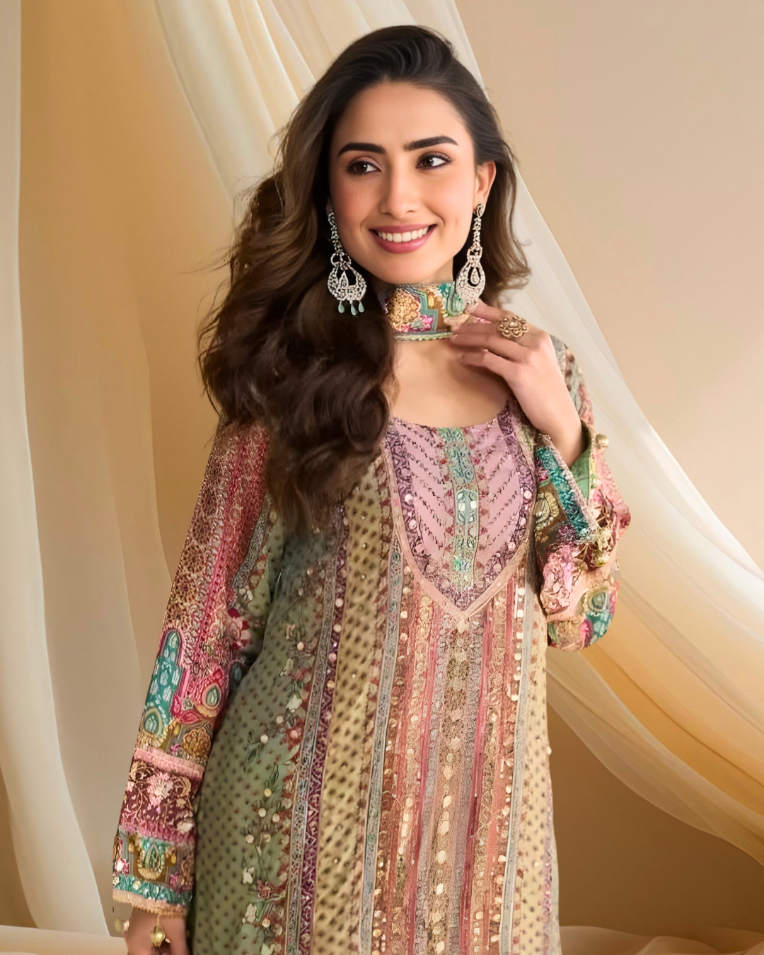 Sia Natural Crepe Silk Hand-Embellished Palazzo Suit