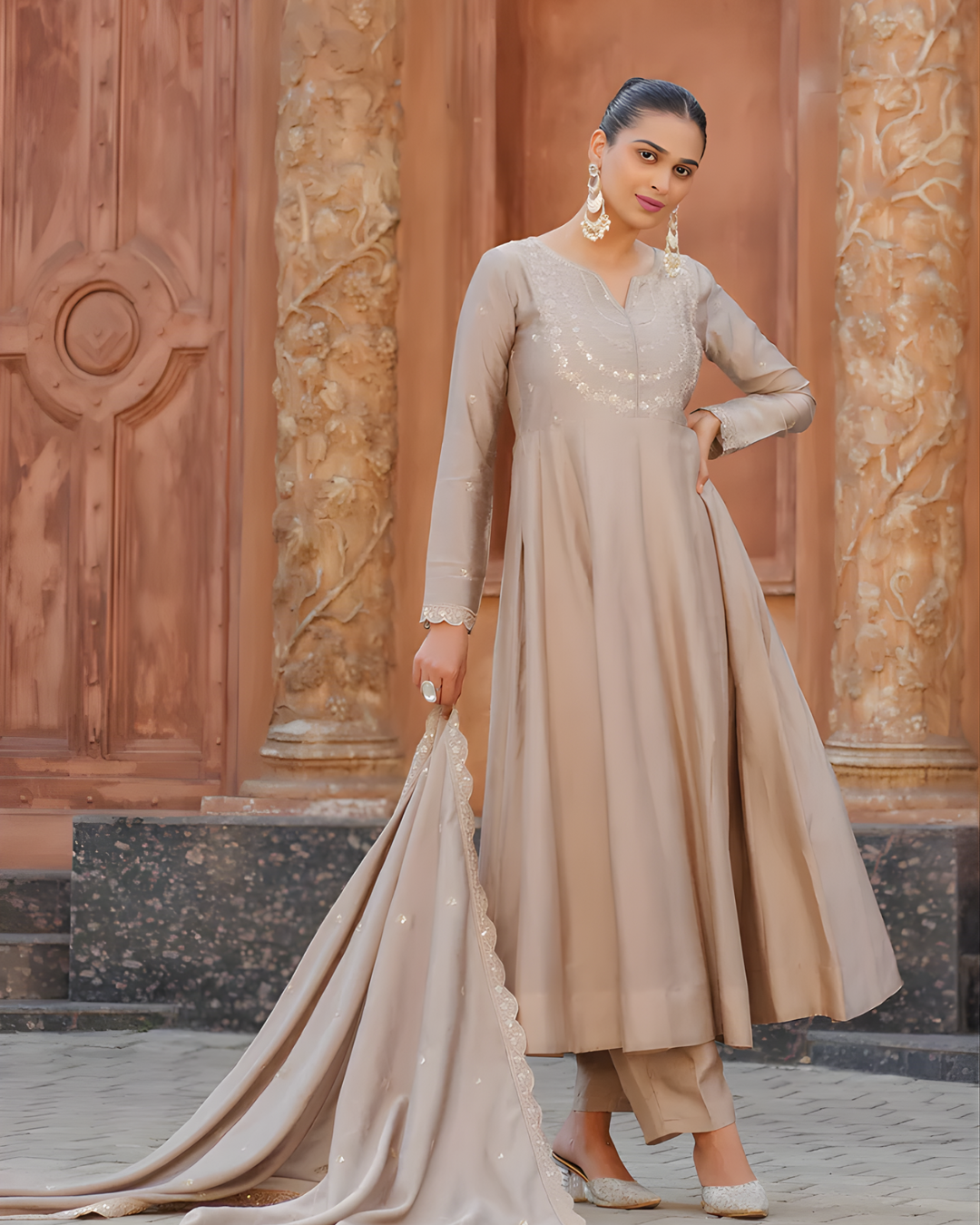 Silk Blend Embroidered Anarkali Set with Dupatta