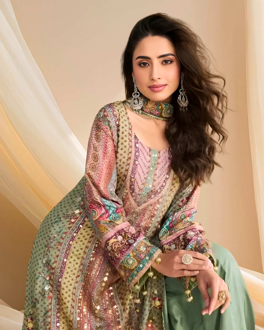 Sia Natural Crepe Silk Hand-Embellished Palazzo Suit