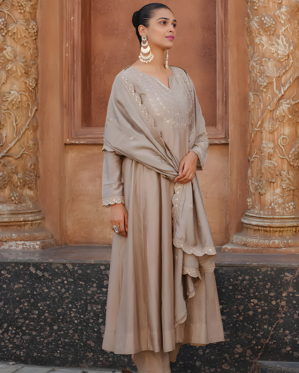 Silk Blend Embroidered Anarkali Set with Dupatta