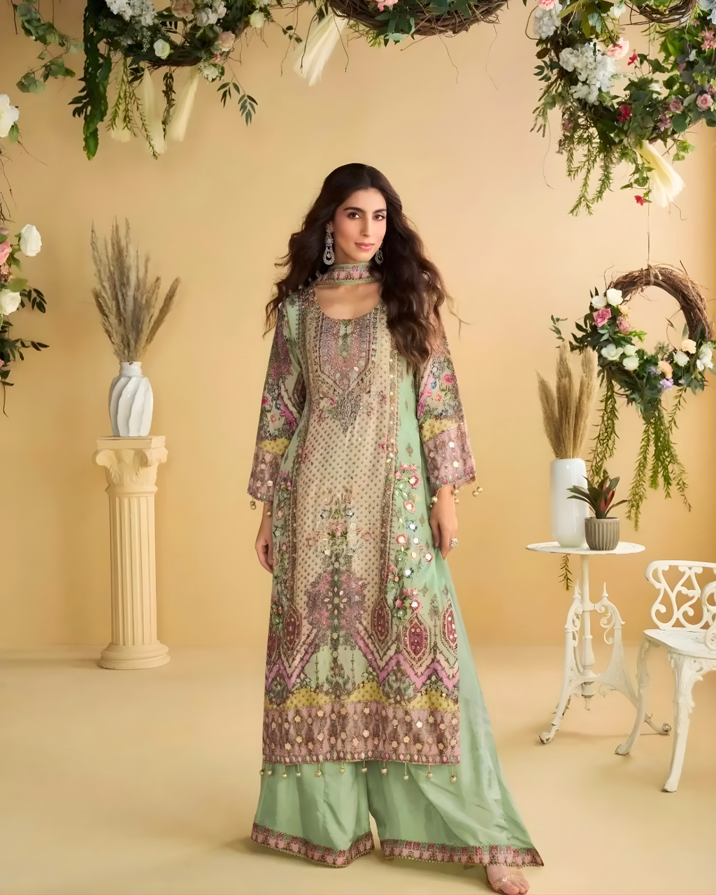 Sia Natural Crepe Silk Hand-Embellished Palazzo Suit