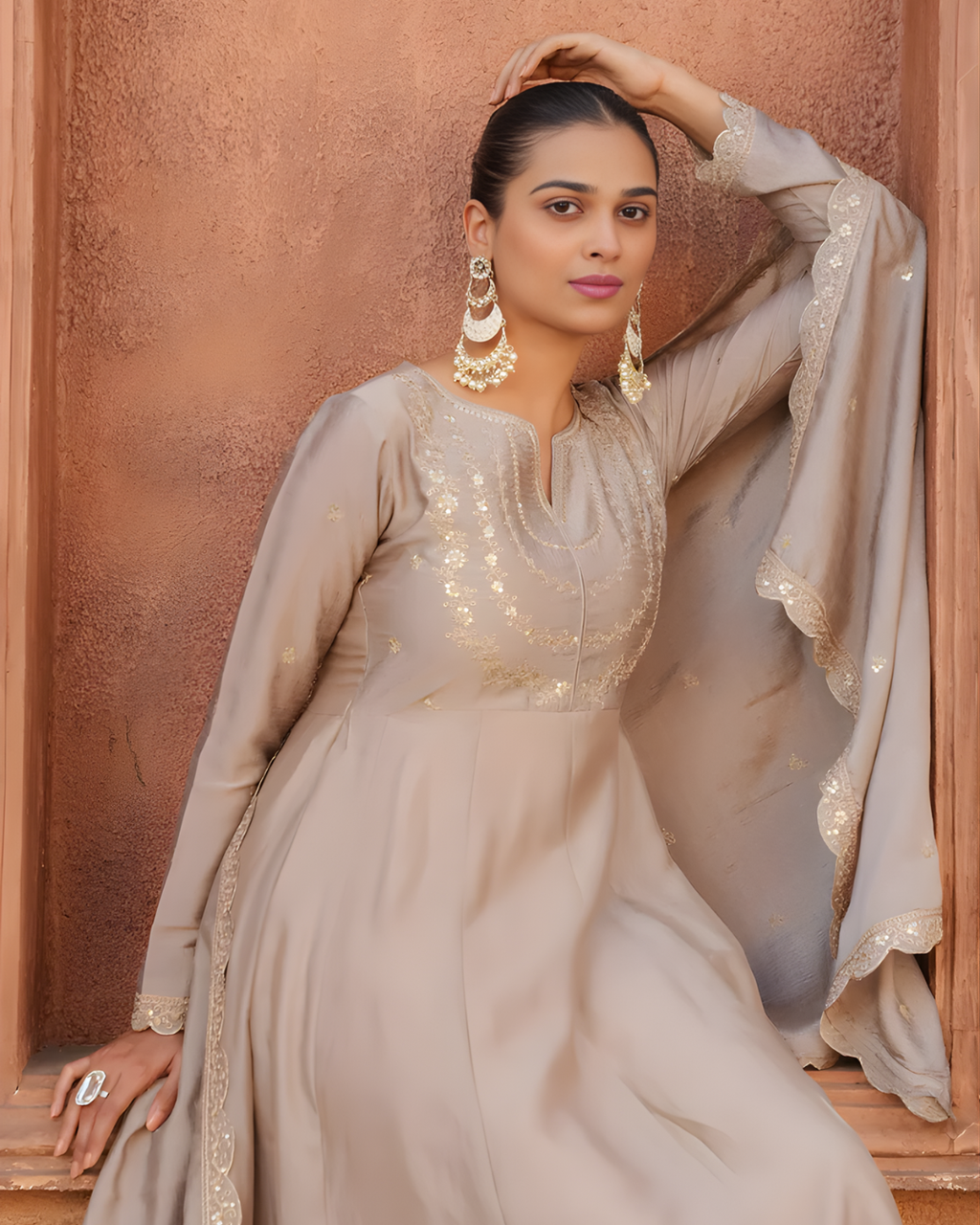 Silk Blend Embroidered Anarkali Set with Dupatta