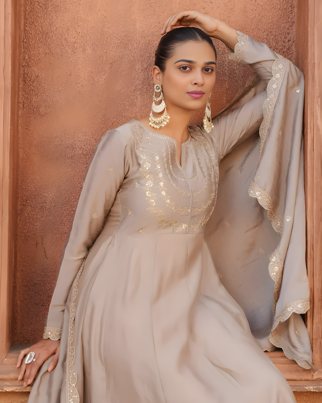 Silk Blend Embroidered Anarkali Set with Dupatta