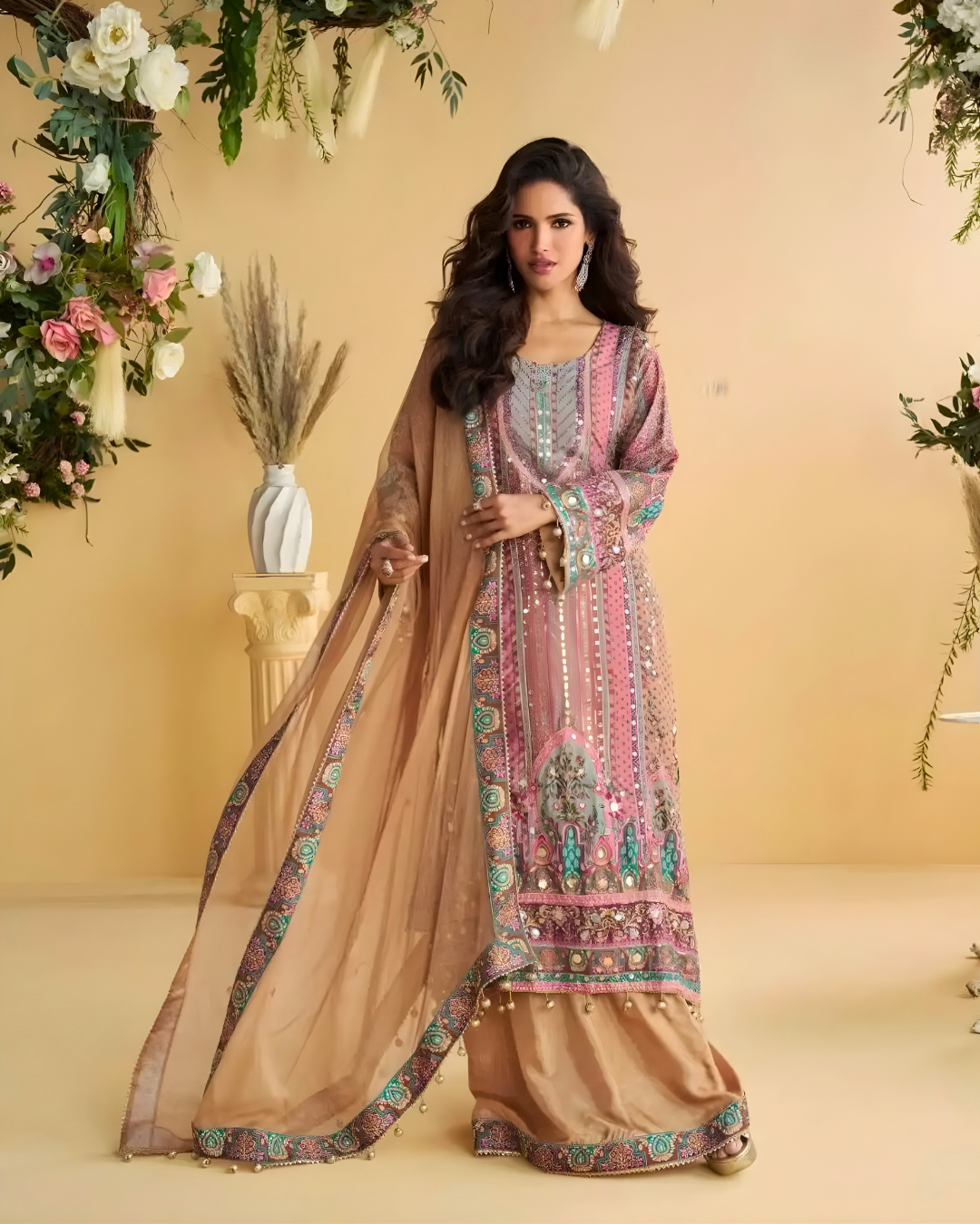 Sia Natural Crepe Silk Hand-Embellished Palazzo Suit