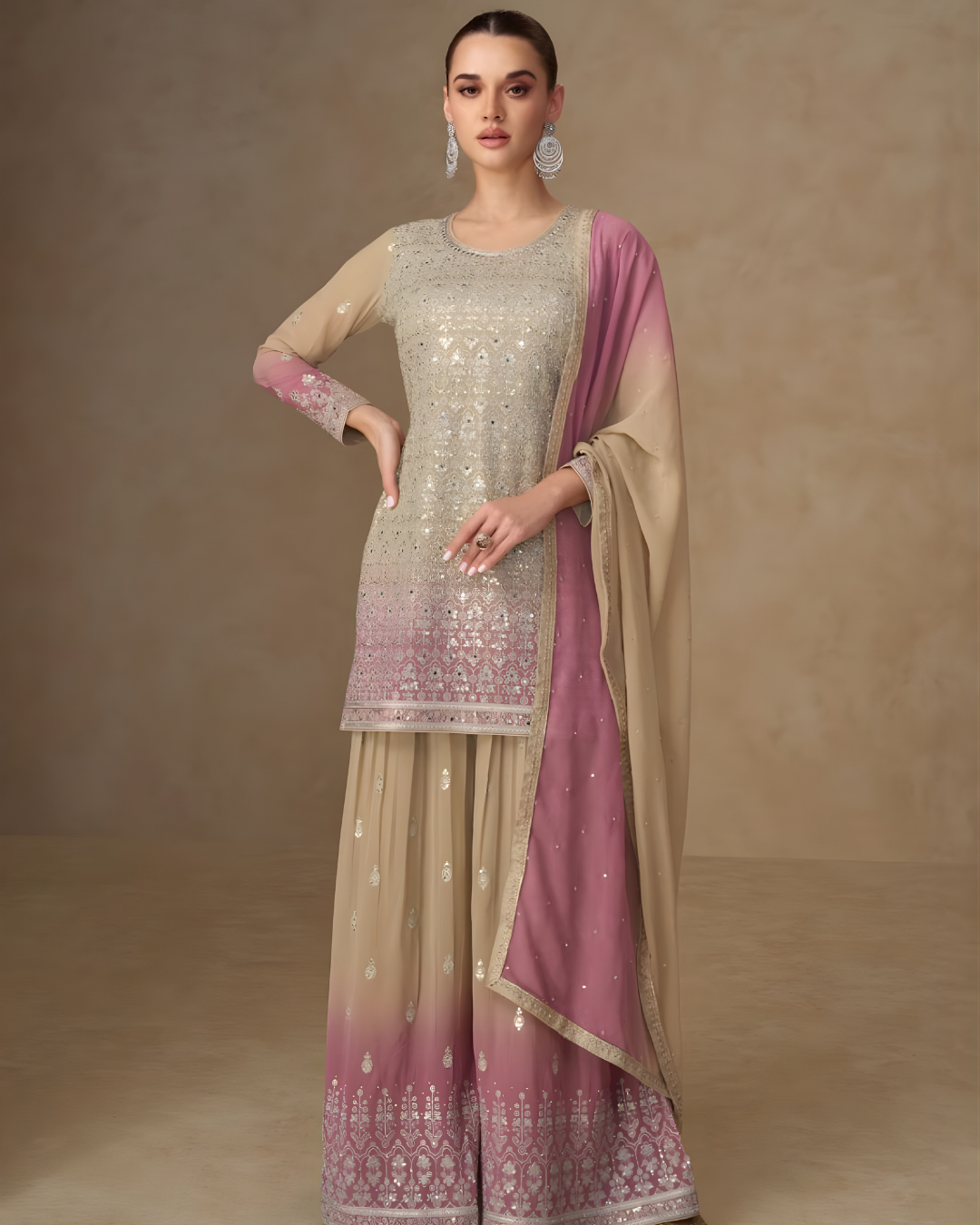 Sage Radiance Hand-Embellished Real Georgette Sharara Set