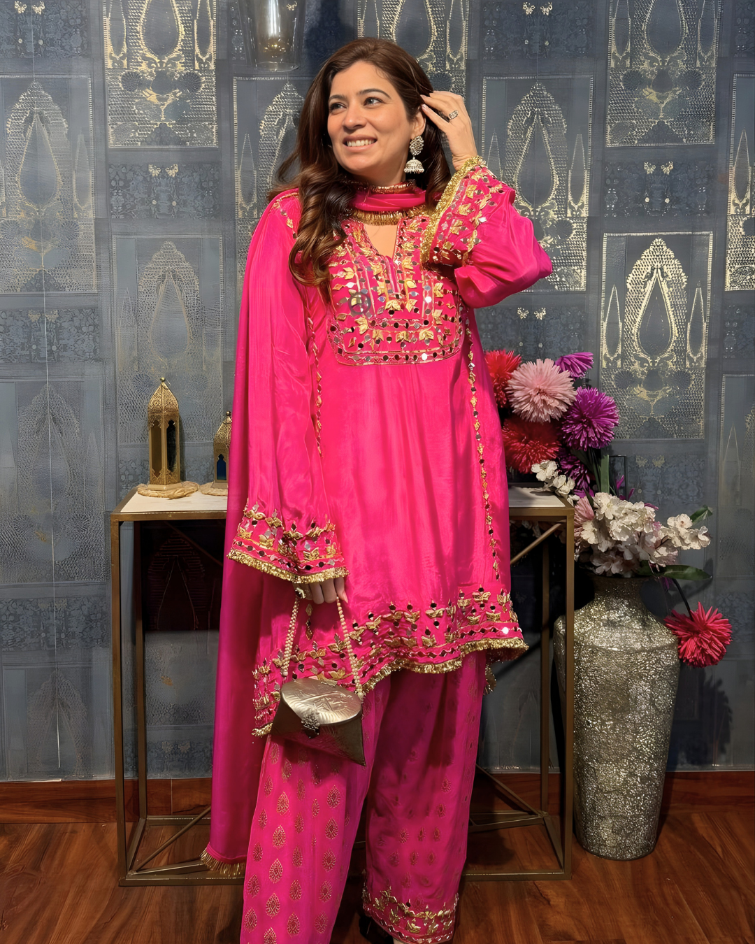 Fuchsia Aura Hand-Embellished A-Line Silk Salwar Set