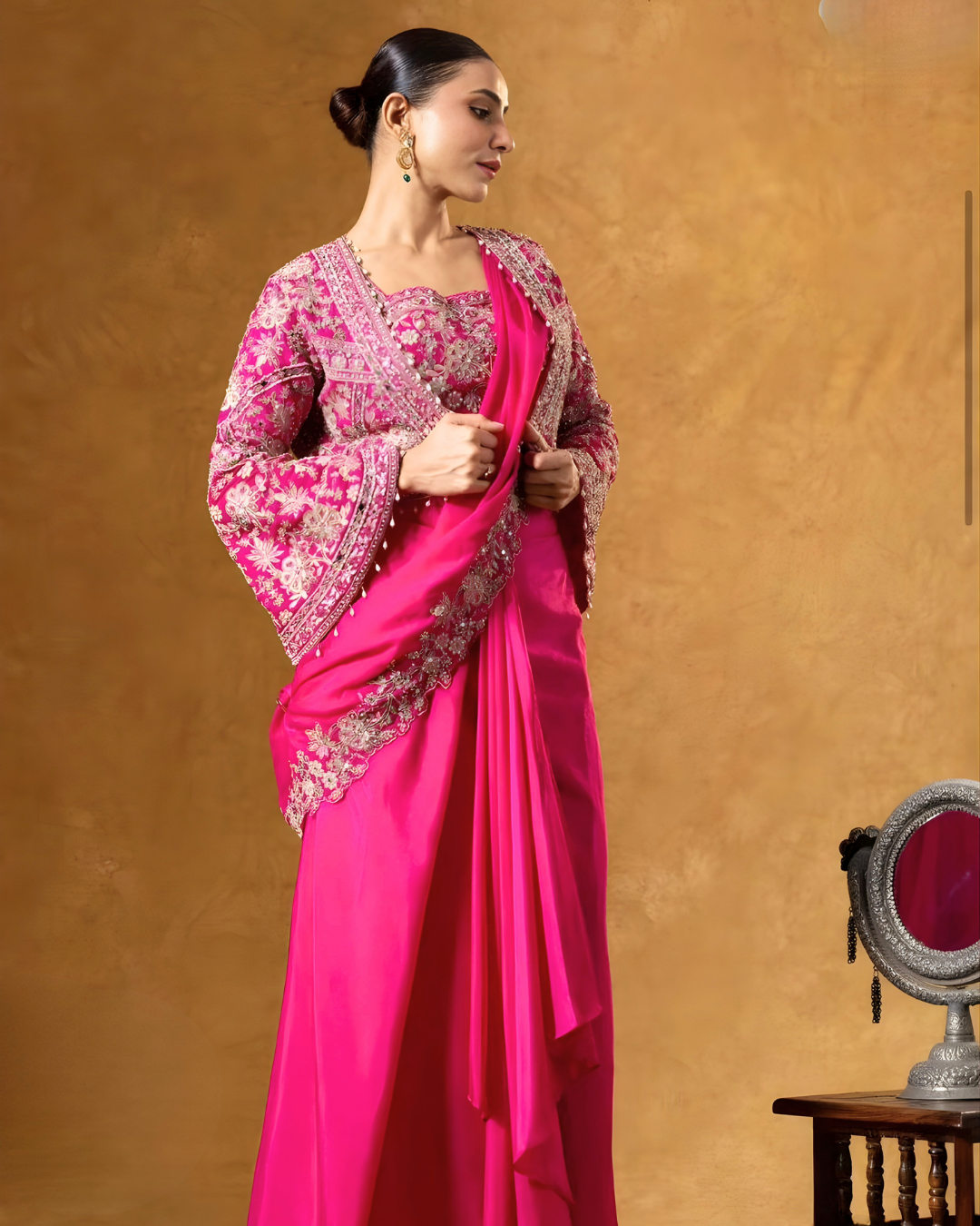Fuchsia Rose Chinon Silk Lehenga Saree Set